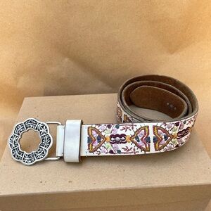 Lucky Brand, Multi Colored Embroidery Off-White Leather Belt, Size L
